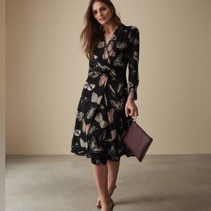 Reiss Lita black multi-color butterfly print twist-front dress